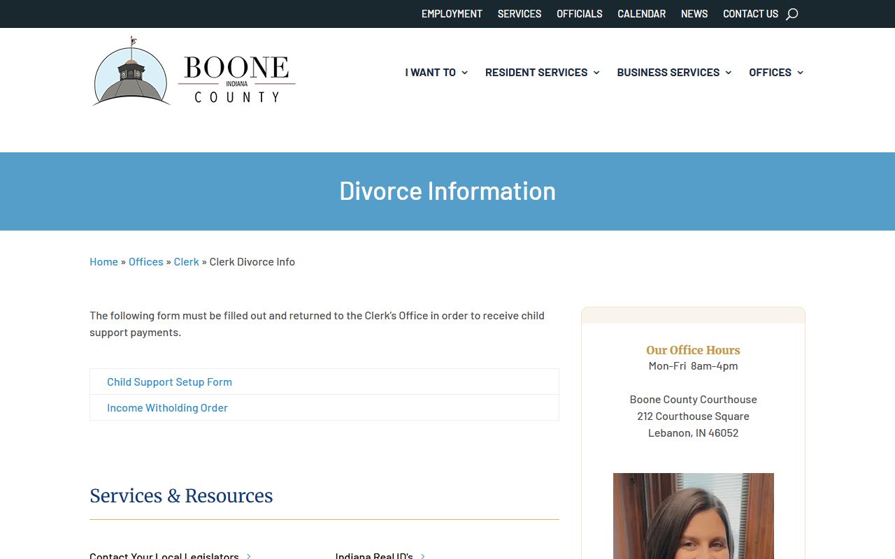Boone County divorce records clerk office at Courthouse Square Lebanon Indiana