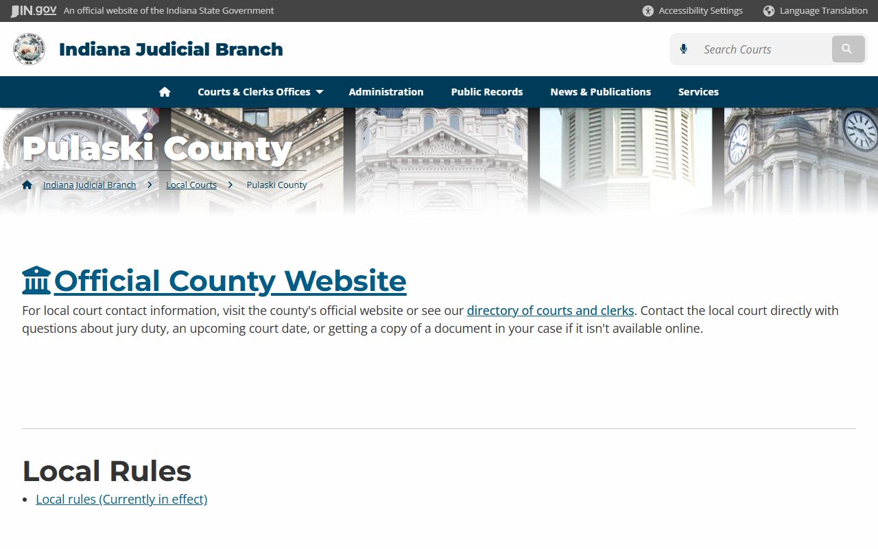 Pulaski County clerk page on Indiana Courts website for divorce records