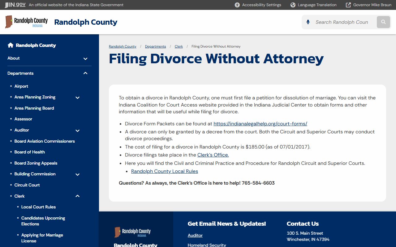 Randolph County clerk page on Indiana Courts website for divorce records