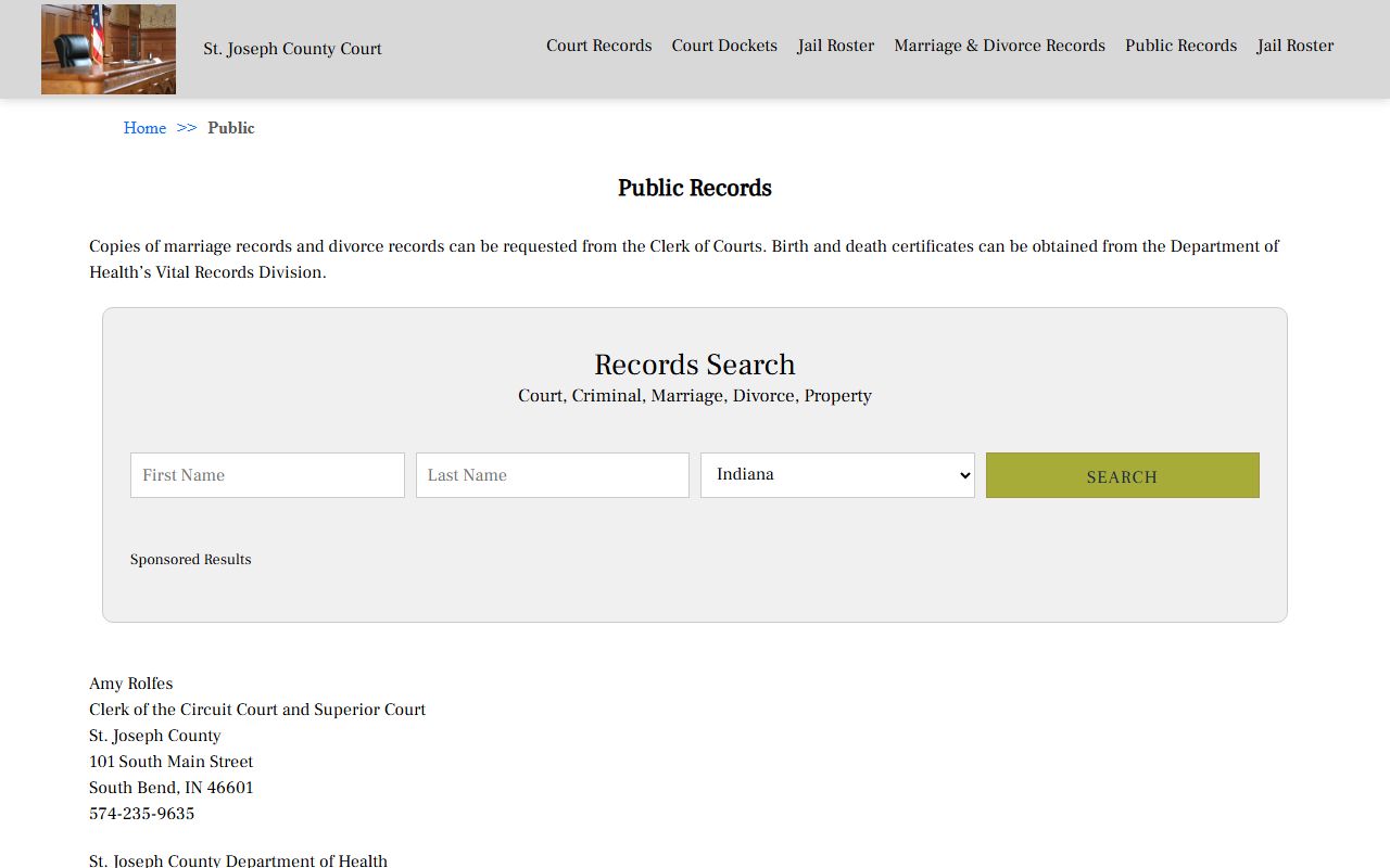 Spencer County clerk page on Indiana Courts for divorce records