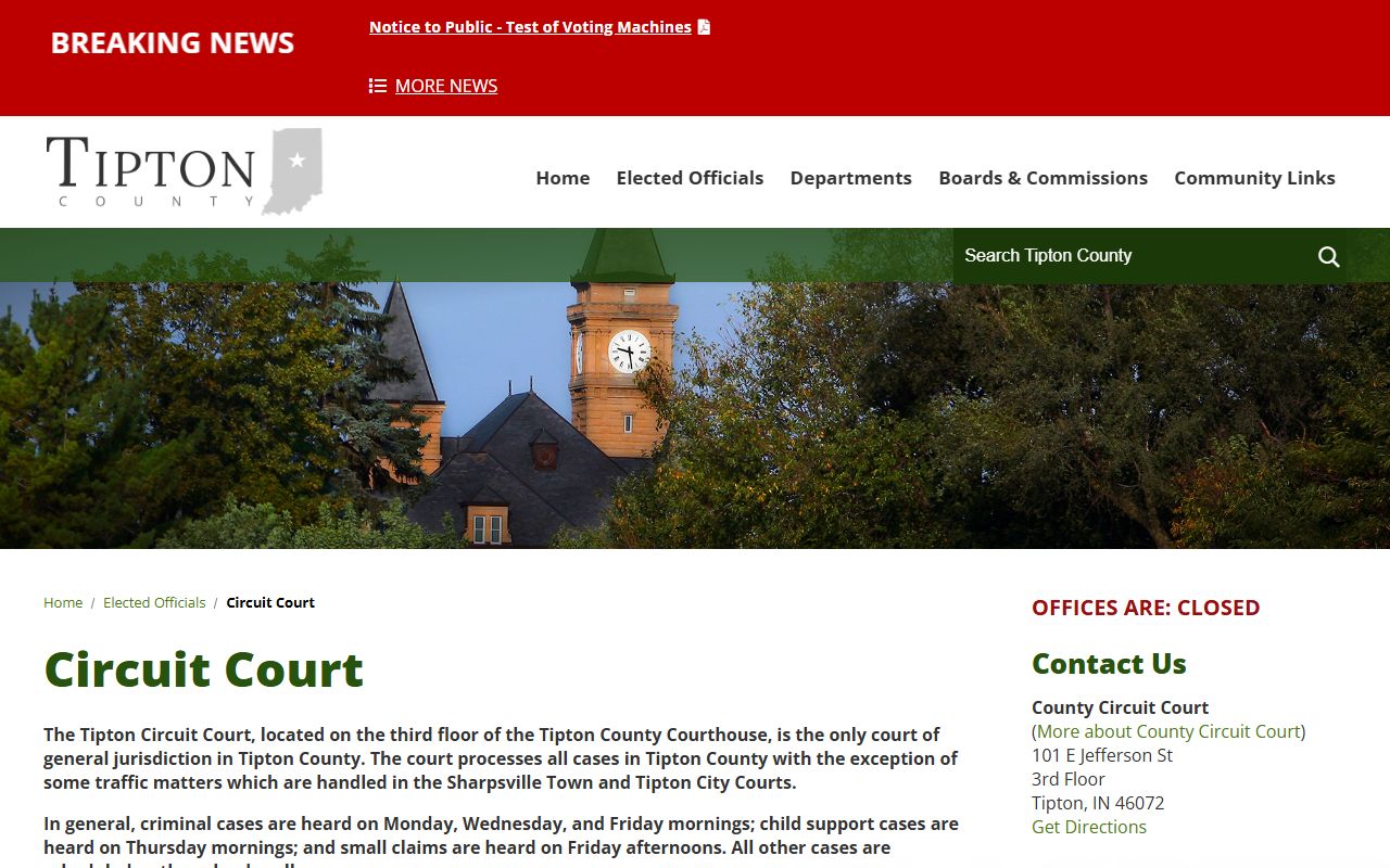Tipton County clerk page on Indiana Courts for divorce records