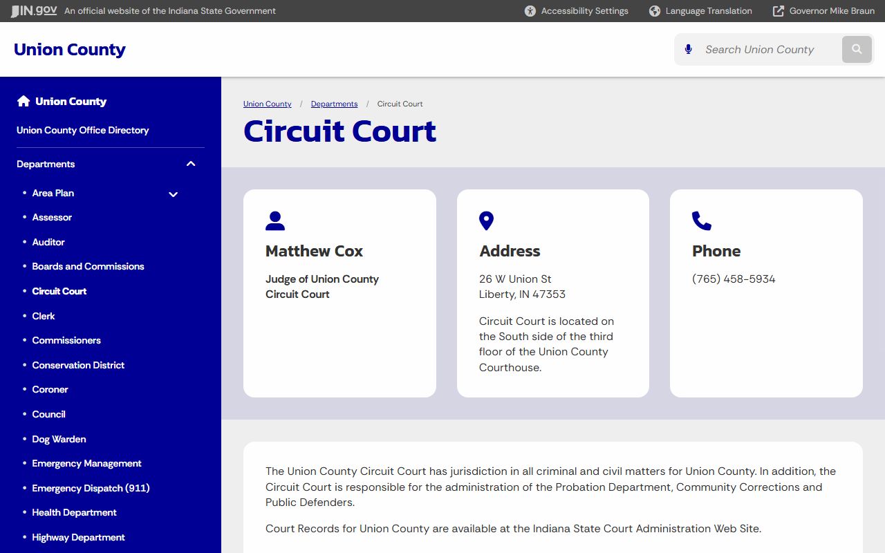 Union County clerk page on Indiana Courts for divorce records