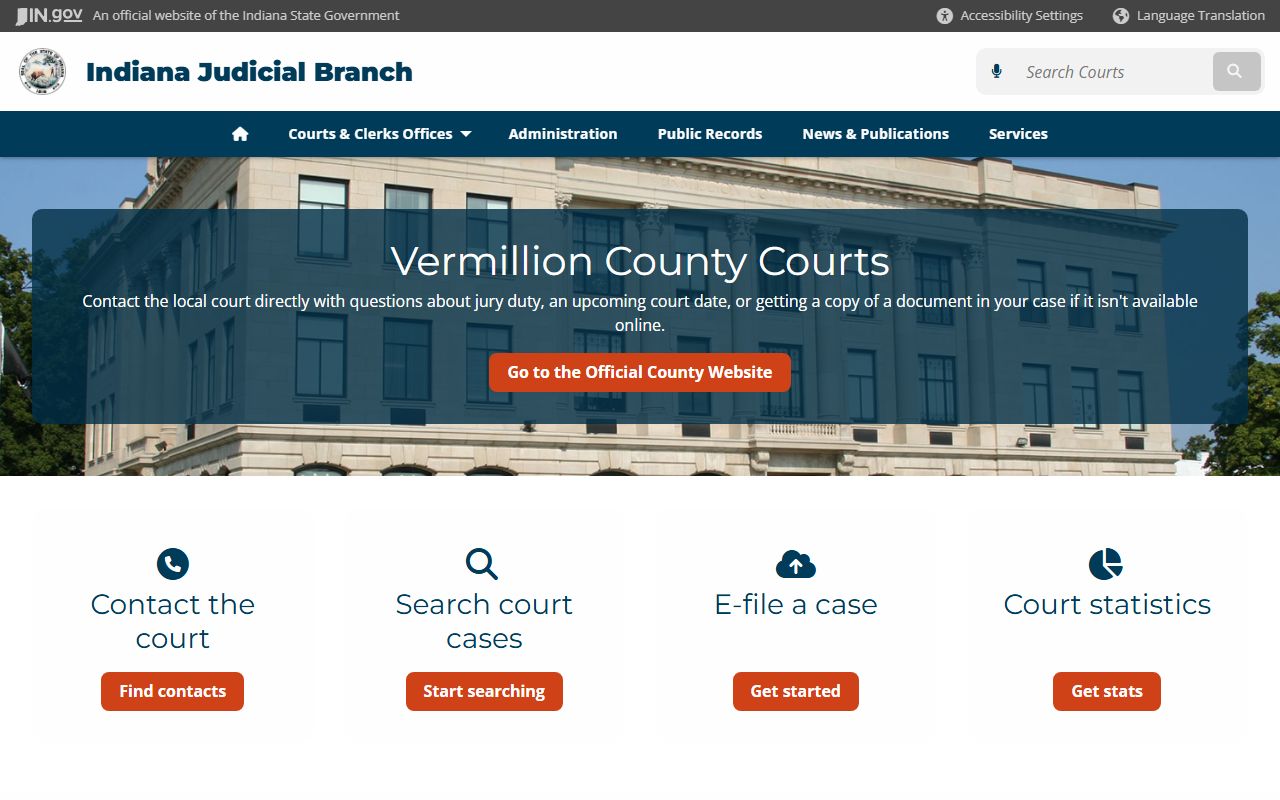 Vermillion County clerk page on Indiana Courts for divorce records