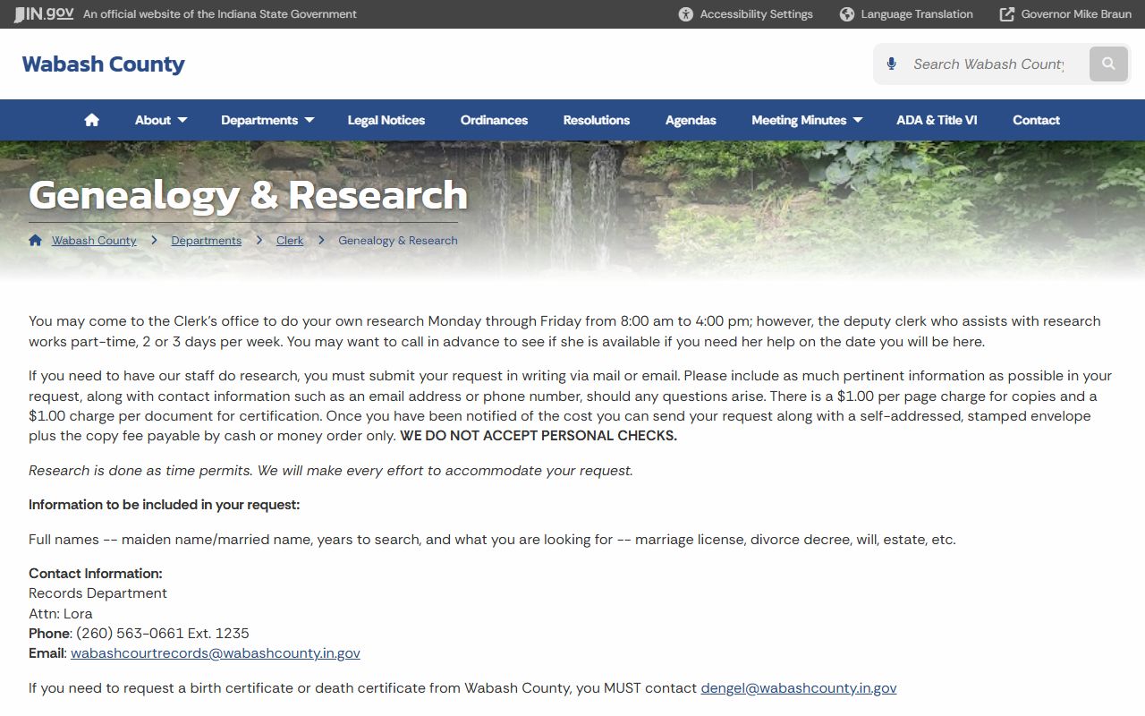 Wabash County clerk page on Indiana Courts for divorce records