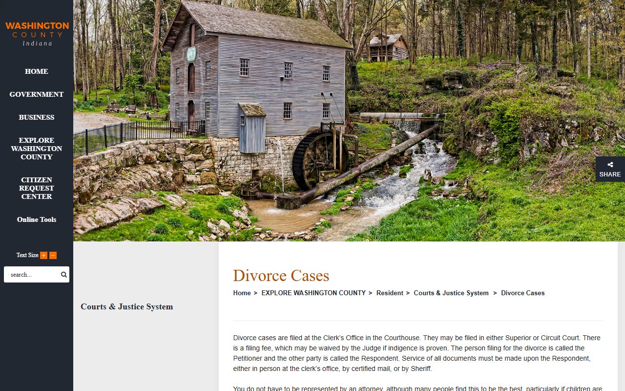 Washington County clerk page on Indiana Courts for divorce records