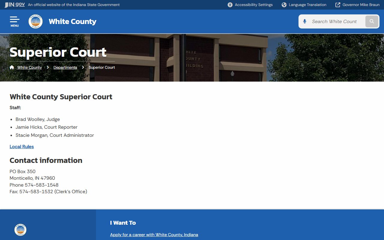 White County clerk page on Indiana Courts for divorce records