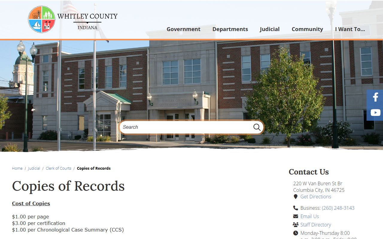 Whitley County clerk page on Indiana Courts for divorce records