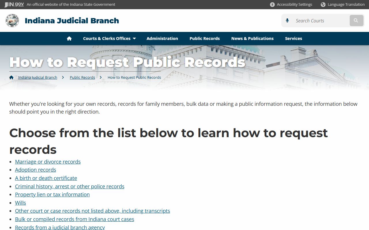 Indiana Courts how-to-request public records guide for divorce records