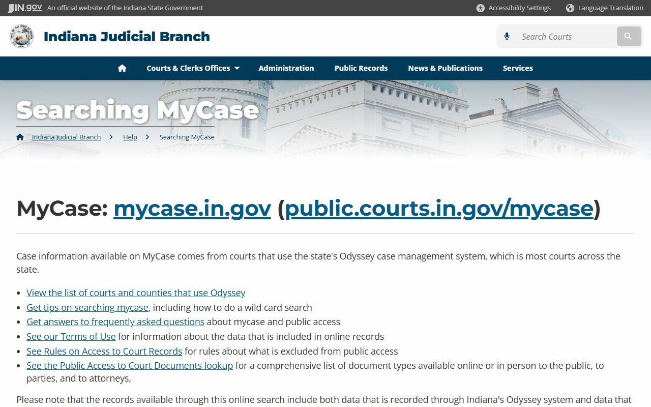 Indiana Courts MyCase help guide for searching divorce records